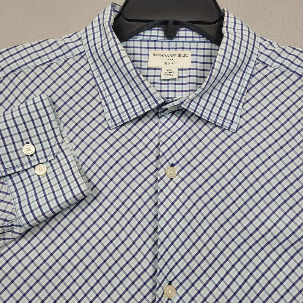 Banana Republic Mens XXL Slim Fit Blue Plaid Long Sleeve Button Down Shirt